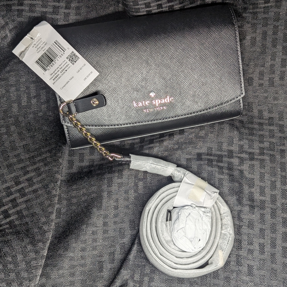 Black Kate Spade Small Flap Crossbody Wallet with Silver Chain&Leather Strap.